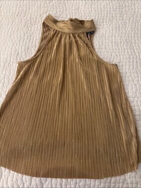 CeCe Metallic Pleated High Neck Tank Top - Gold